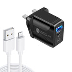 Chargeur rapide à double port PD25W USB-C / Type-C + QC3.0 USB avec câble de données USB vers 8 broches, prise UK, prise UK + câble USB vers 8 broches