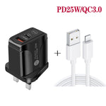 Chargeur rapide à double port PD25W USB-C / Type-C + QC3.0 USB avec câble de données USB vers 8 broches, prise UK, prise UK + câble USB vers 8 broches