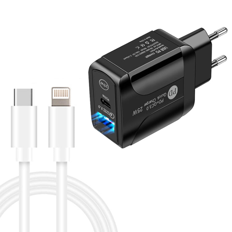 Chargeur rapide double ports USB-C / Type-C + QC3.0 USB avec câble de données USB-C vers 8 broches, prise EU, prise EU + câble USB-C vers 8 broches