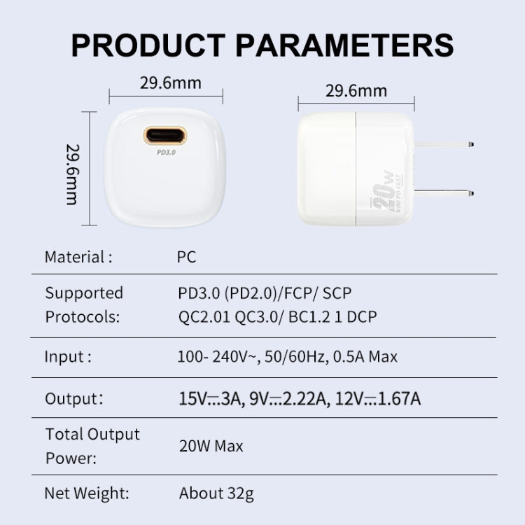 Chargeur rapide mini PD 20W USB-C / Type-C ENKAY APQ-011, prise US