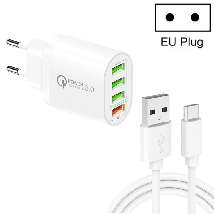 QC-04 Chargeur multi-ports QC3.0 + 3 x USB2.0 avec câble de données USB vers Type-C 3A, prise UE, prise UE + câble Type-C