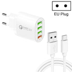 QC-04 Chargeur multi-ports QC3.0 + 3 x USB2.0 avec câble de données USB vers Type-C 3A, prise UE, prise UE + câble Type-C