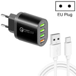 QC-04 Chargeur multi-ports QC3.0 + 3 x USB2.0 avec câble de données USB vers Type-C 3A, prise UE, prise UE + câble Type-C