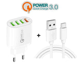 QC-04 Chargeur multi-ports QC3.0 + 3 x USB2.0 avec câble de données USB vers Type-C 3A, prise UE, prise UE + câble Type-C