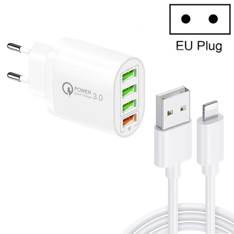 Chargeur multi-ports QC-04 QC3.0 + 3 x USB2.0 avec câble USB 3A vers 8 broches, prise EU, prise EU + câble 8 broches