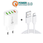 Chargeur multi-ports QC-04 QC3.0 + 3 x USB2.0 avec câble USB 3A vers 8 broches, prise EU, prise EU + câble 8 broches