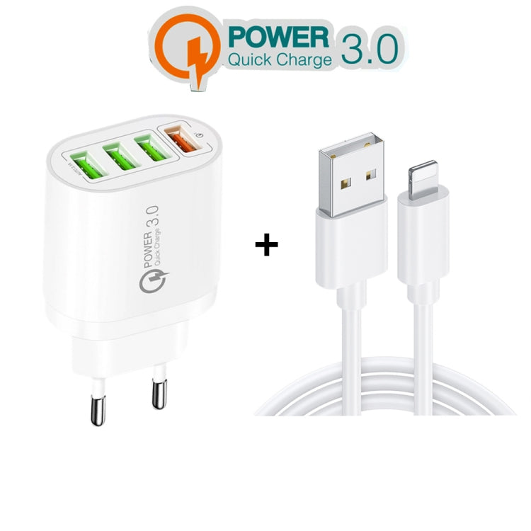 Chargeur multi-ports QC-04 QC3.0 + 3 x USB2.0 avec câble USB 3A vers 8 broches, prise EU, prise EU + câble 8 broches
