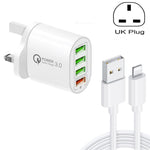 Chargeur multi-ports QC-04 QC3.0 + 3 x USB2.0 avec câble USB 3A vers 8 broches, prise UK, prise UK + câble 8 broches