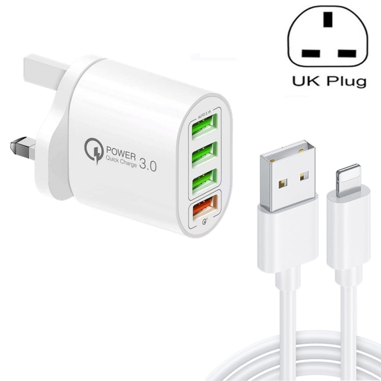 Chargeur multi-ports QC-04 QC3.0 + 3 x USB2.0 avec câble USB 3A vers 8 broches, prise UK, prise UK + câble 8 broches