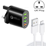 Chargeur multi-ports QC-04 QC3.0 + 3 x USB2.0 avec câble USB 3A vers 8 broches, prise UK, prise UK + câble 8 broches