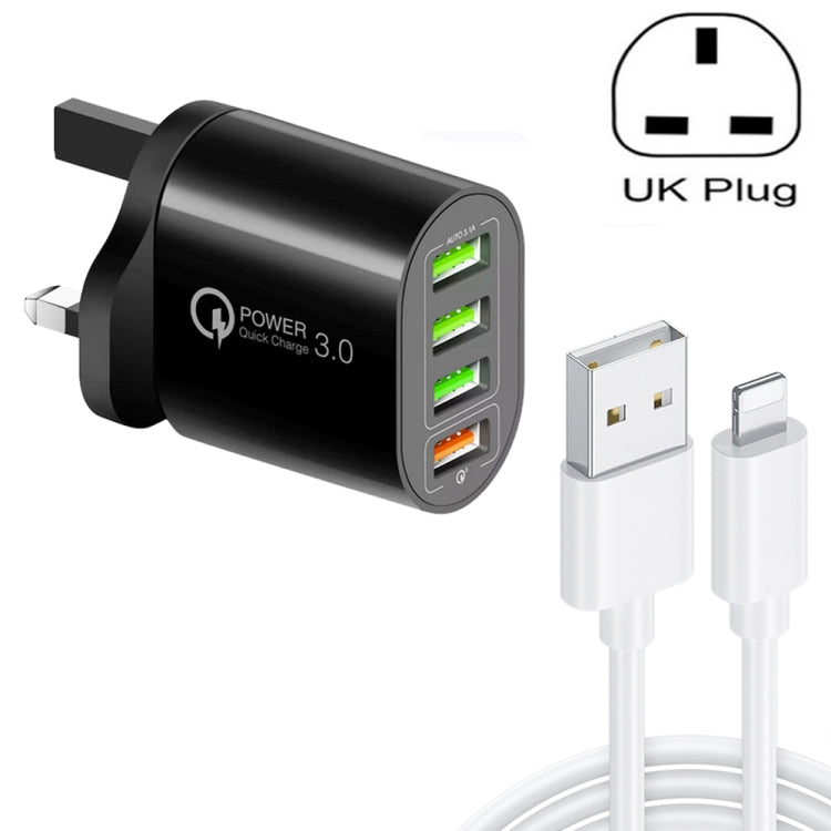 Chargeur multi-ports QC-04 QC3.0 + 3 x USB2.0 avec câble USB 3A vers 8 broches, prise UK, prise UK + câble 8 broches