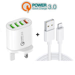 Chargeur multi-ports QC-04 QC3.0 + 3 x USB2.0 avec câble USB 3A vers 8 broches, prise UK, prise UK + câble 8 broches