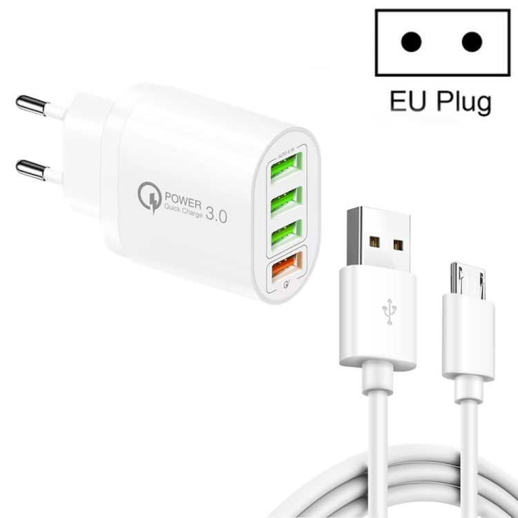 QC-04 Chargeur multi-ports QC3.0 + 3 x USB2.0 avec câble de données USB vers Micro USB 3A, prise UE, prise UE + câble Micro USB