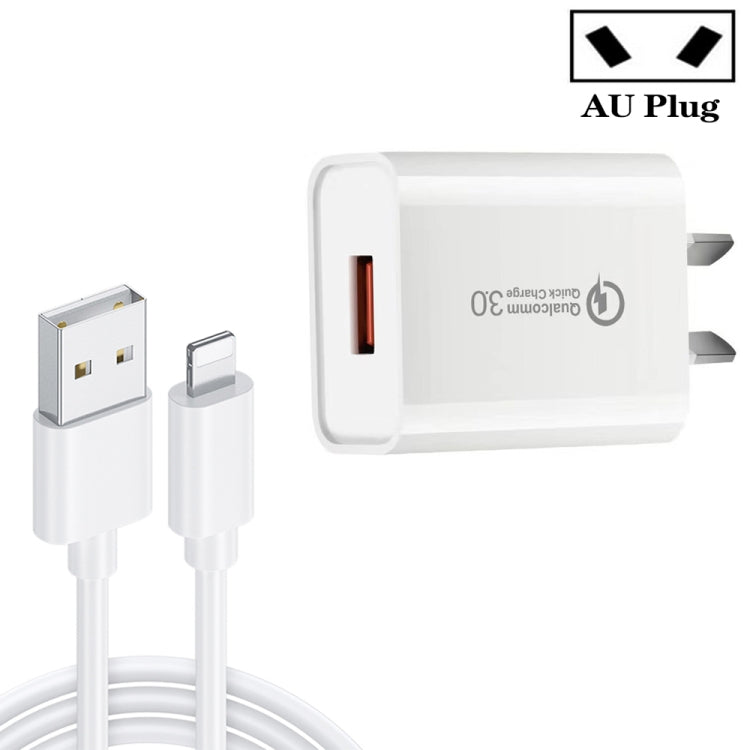 Chargeur rapide QC3.0 USB 3A avec câble de données USB vers 8 broches, prise AU, prise AU + câble 8 broches