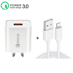 Chargeur rapide QC3.0 USB 3A avec câble de données USB vers 8 broches, prise AU, prise AU + câble 8 broches
