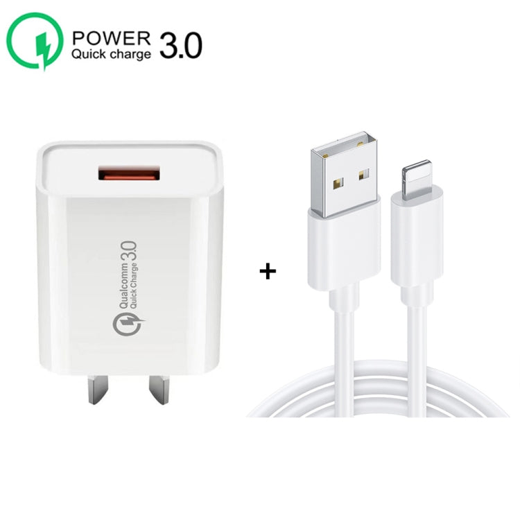 Chargeur rapide QC3.0 USB 3A avec câble de données USB vers 8 broches, prise AU, prise AU + câble 8 broches