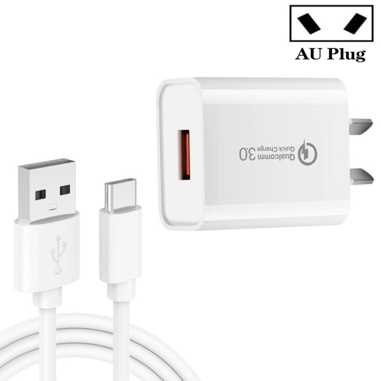 Chargeur rapide CA-25 QC3.0 USB 3A avec câble de données USB vers Type-C de 1 m, prise australienne, prise australienne + câble Type-C