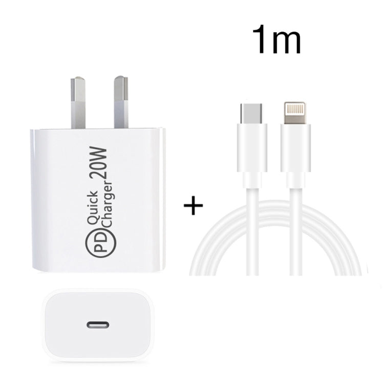 Chargeur de voyage AU-20W PD USB-C / Type-C avec câble de données USB-C vers 8 broches, prise AU, prise AU + câble PD 8 broches 1m, prise AU + câble PD 8 broches 2m