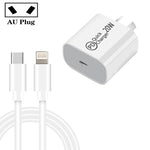 Chargeur de voyage AU-20W PD USB-C / Type-C avec câble de données USB-C vers 8 broches, prise AU, prise AU + câble PD 8 broches 1m, prise AU + câble PD 8 broches 2m