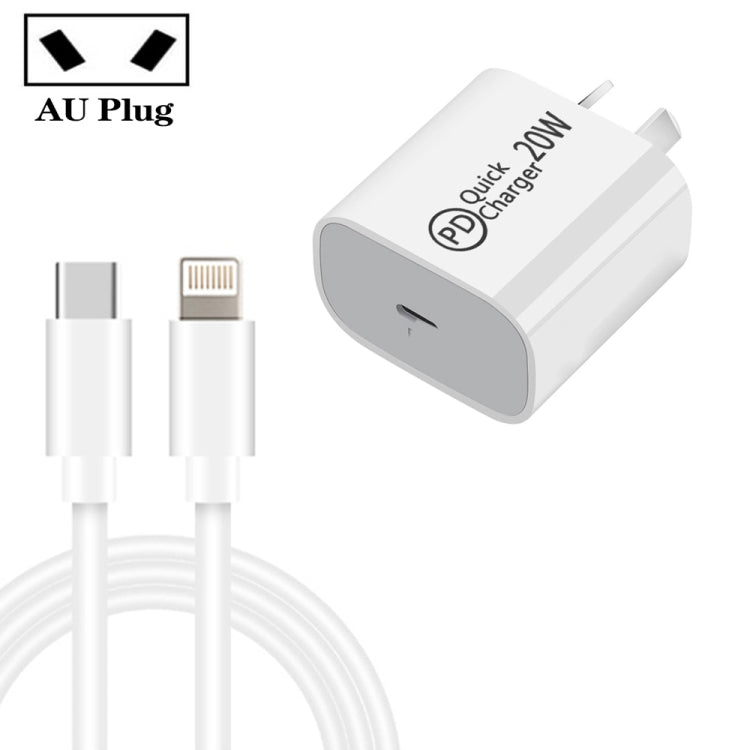 Chargeur de voyage AU-20W PD USB-C / Type-C avec câble de données USB-C vers 8 broches, prise AU, prise AU + câble PD 8 broches 1m, prise AU + câble PD 8 broches 2m