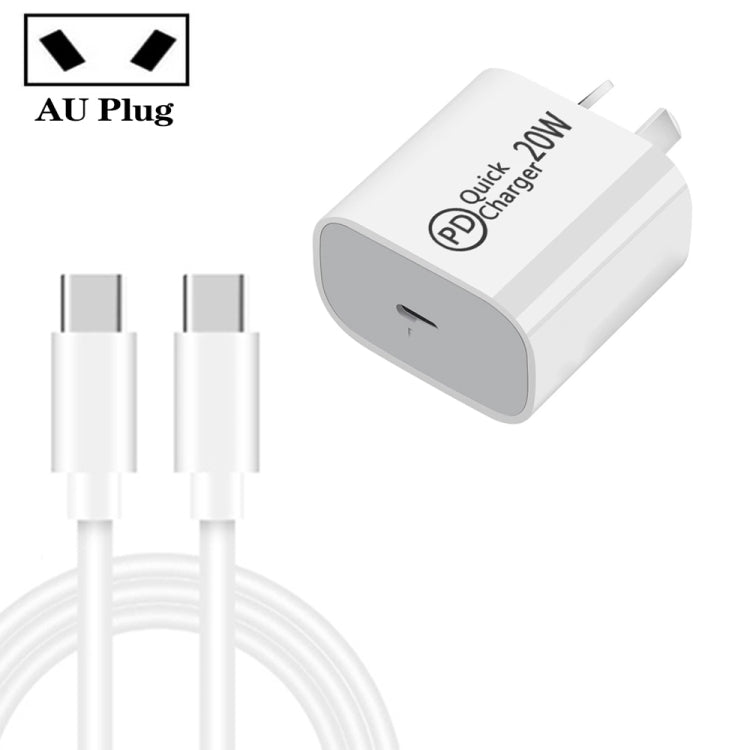 Chargeur de voyage AU-20W PD USB-C / Type-C avec câble de données Type-C vers Type-C, Prise AU, Prise AU + Câble PD de 1m, Prise AU + Câble PD de 2m