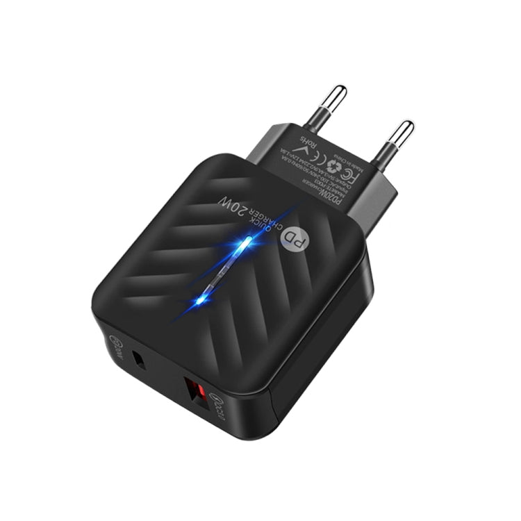 Chargeur 20W Type-C + QC3.0 USB avec voyant indicateur, prise EU, prise EU, prise EU + câble USB vers Type-C