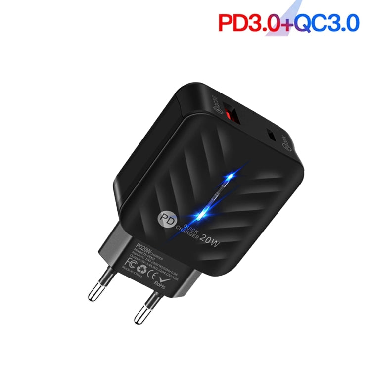 Chargeur 20W Type-C + QC3.0 USB avec voyant indicateur, prise EU, prise EU, prise EU + câble USB vers Type-C