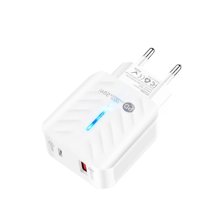 Chargeur 20W Type-C + QC3.0 USB avec voyant indicateur, prise EU, prise EU, prise EU + câble USB vers Type-C