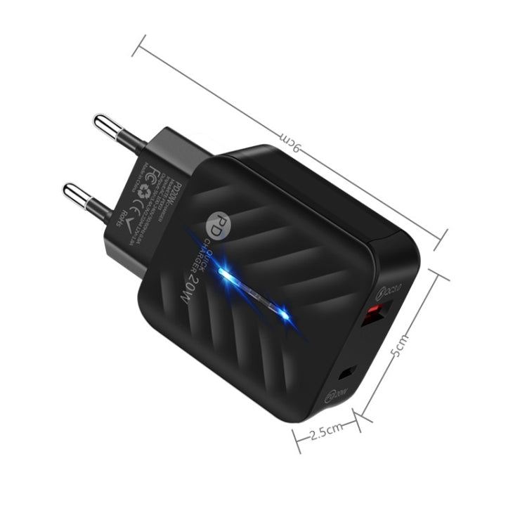 Chargeur 20W Type-C + QC3.0 USB avec voyant indicateur, prise EU, prise EU, prise EU + câble USB vers Type-C