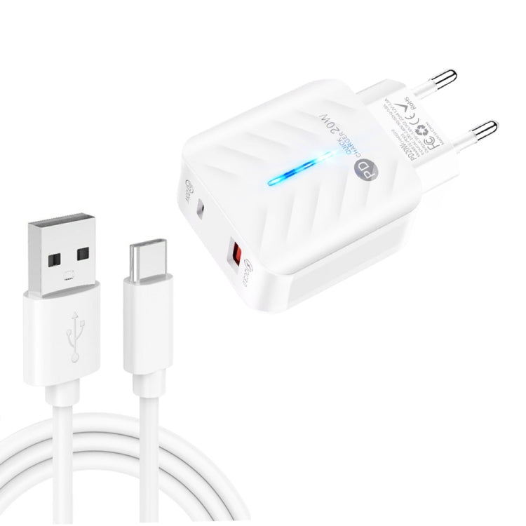 Chargeur USB PD03 20 W PD3.0 + QC3.0 avec câble de données USB vers Type-C, prise UE, prise UE, prise UE + câble USB vers Type-C