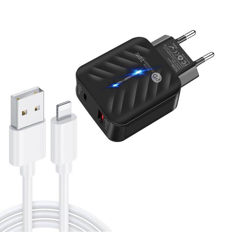 Chargeur 20W PD3.0 + QC3.0 USB avec câble de données USB vers 8 broches, prise EU, prise EU + câble USB vers 8 broches