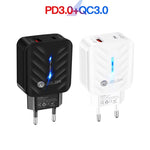 Chargeur 20W PD3.0 + QC3.0 USB avec câble de données USB vers 8 broches, prise EU, prise EU + câble USB vers 8 broches
