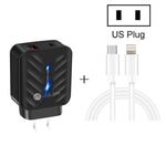 Chargeur 20W PD3.0 + QC3.0 USB avec câble de données Type-C vers 8 broches, prise US, prise US + câble Type-C vers 8 broches