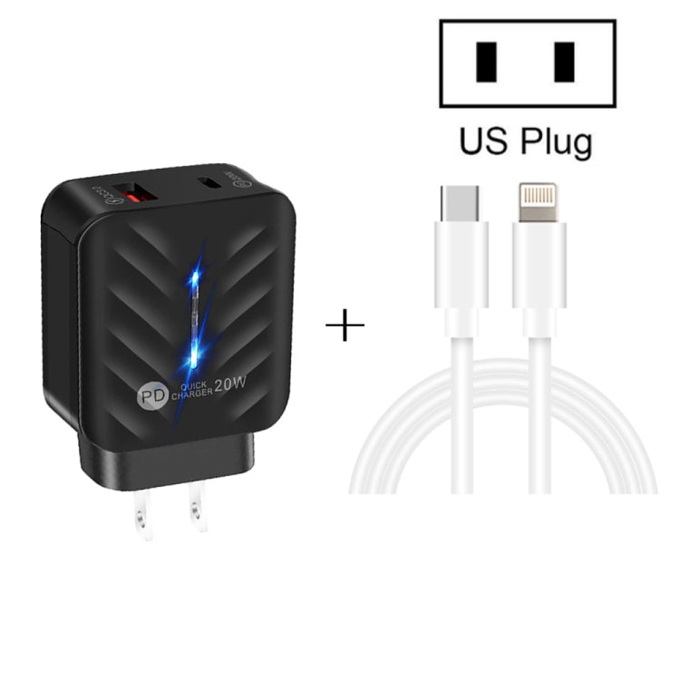 Chargeur 20W PD3.0 + QC3.0 USB avec câble de données Type-C vers 8 broches, prise US, prise US + câble Type-C vers 8 broches