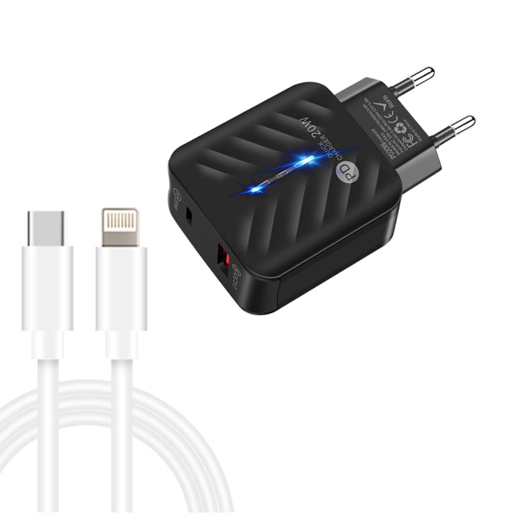 Chargeur 20W PD3.0 + QC3.0 USB avec câble de données Type-C vers 8 broches, prise EU, prise EU + câble Type-C vers 8 broches
