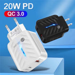 PD03 20W PD3.0 + QC3.0 USB Charger with Type-C to 8 Pin Data Cable, EU Plug, EU Plug + Type-C to 8 Pin Cable