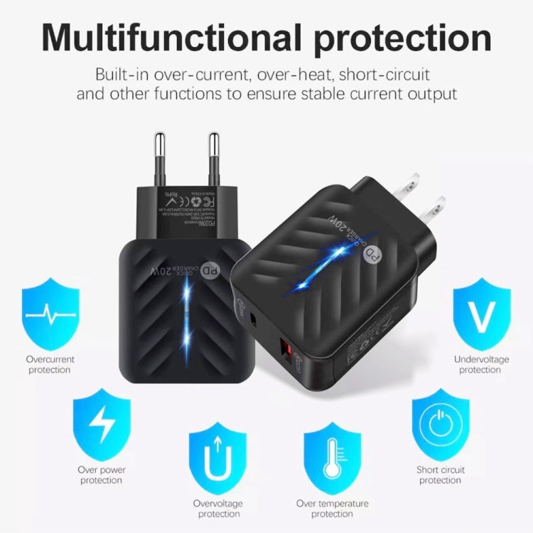 PD03 20W PD3.0 + QC3.0 USB Charger with Type-C to 8 Pin Data Cable, EU Plug, EU Plug + Type-C to 8 Pin Cable