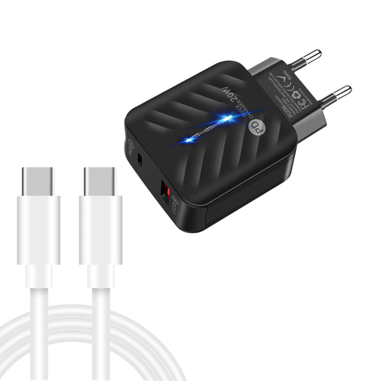 PD03 Chargeur USB 20W PD3.0 + QC3.0 avec Câble de Données Type-C vers Type-C, Prise UE, Prise UE + Câble Type-C vers Type-C