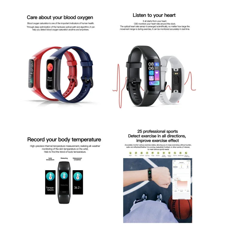 Bracelet connecté C60 étanche IP67, écran 1,1 pouce