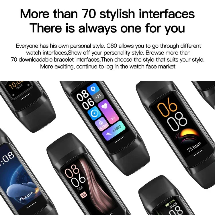 Bracelet connecté C60 étanche IP67, écran 1,1 pouce