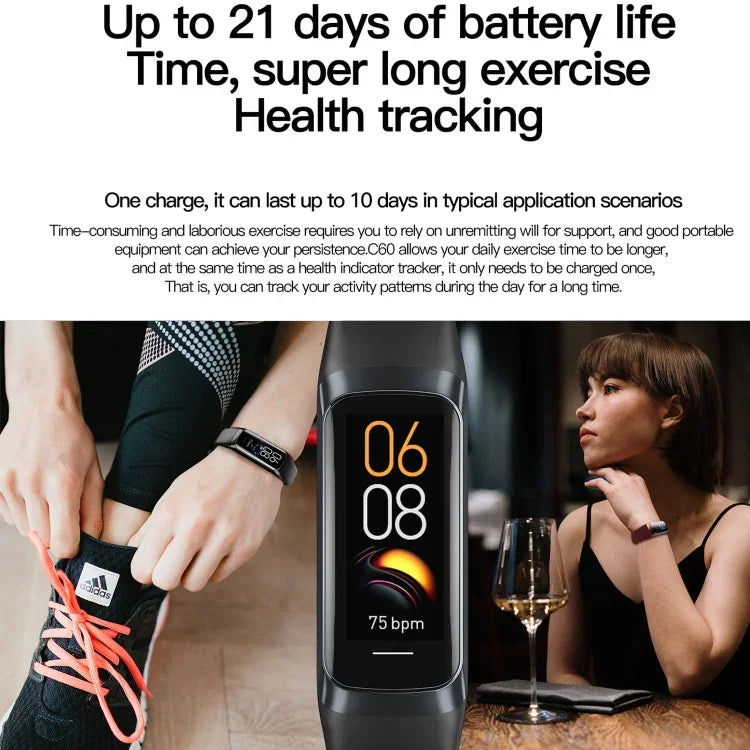 Bracelet connecté C60 étanche IP67, écran 1,1 pouce