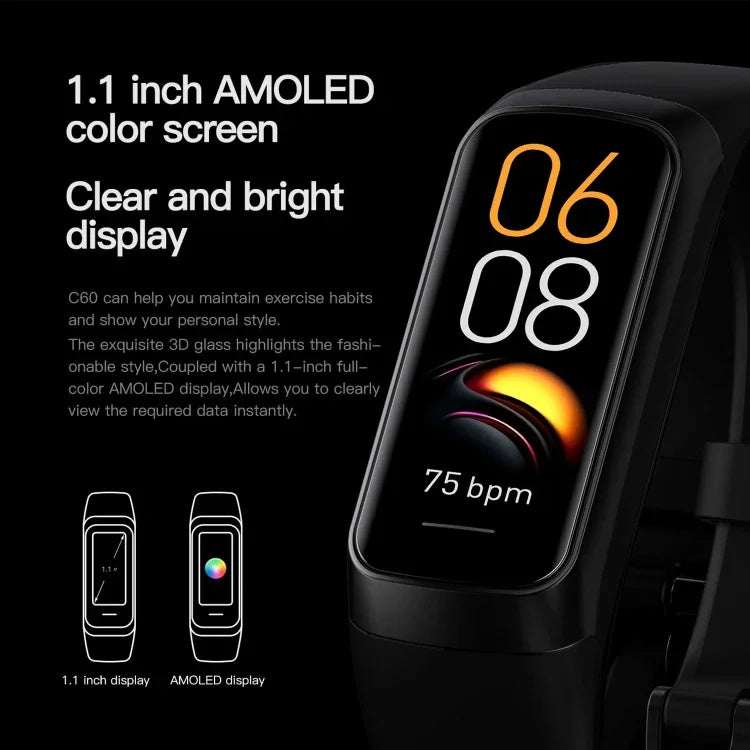 Bracelet connecté C60 étanche IP67, écran 1,1 pouce