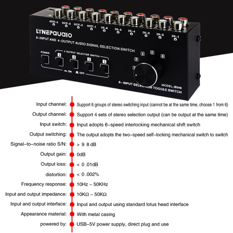 Sélecteur de signal audio RCA 4 entrées 4 sorties Commutateur de distribution Contrôle de l'appareil