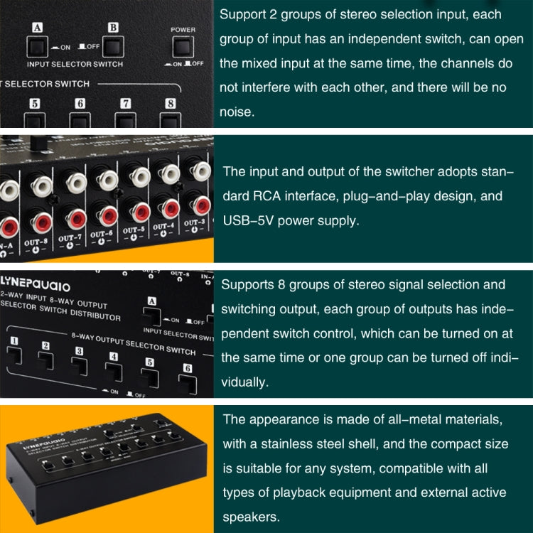 Distributeur sélecteur de signal audio RCA 2 entrées 8 sorties, 2 entrées 8 sorties