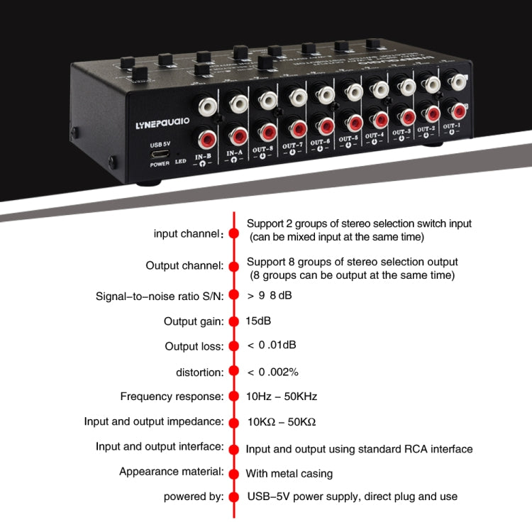 Distributeur sélecteur de signal audio RCA 2 entrées 8 sorties, 2 entrées 8 sorties