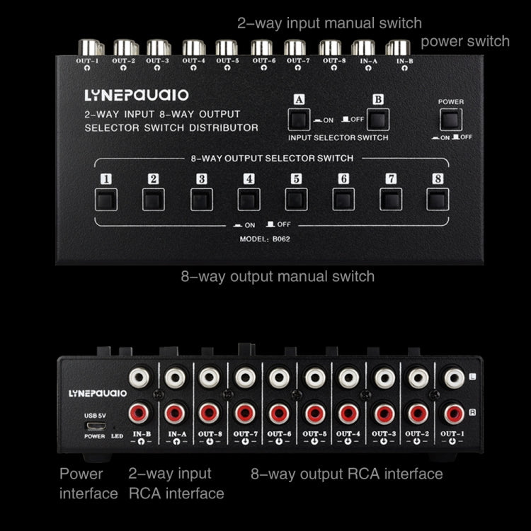 Distributeur sélecteur de signal audio RCA 2 entrées 8 sorties, 2 entrées 8 sorties