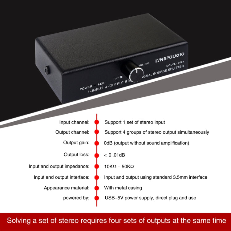 Distributeur de signal audio 1 entrée 4 sorties, sans consommation, sortie interface 3,5 mm, 1 entrée 4 sorties interface 3,5 mm