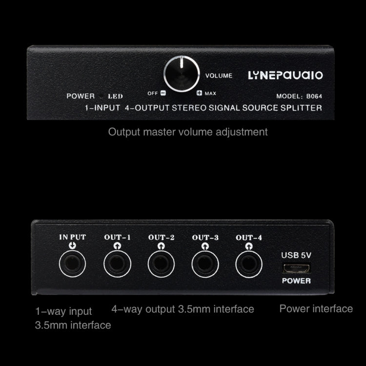 Distributeur de signal audio 1 entrée 4 sorties, sans consommation, sortie interface 3,5 mm, 1 entrée 4 sorties interface 3,5 mm