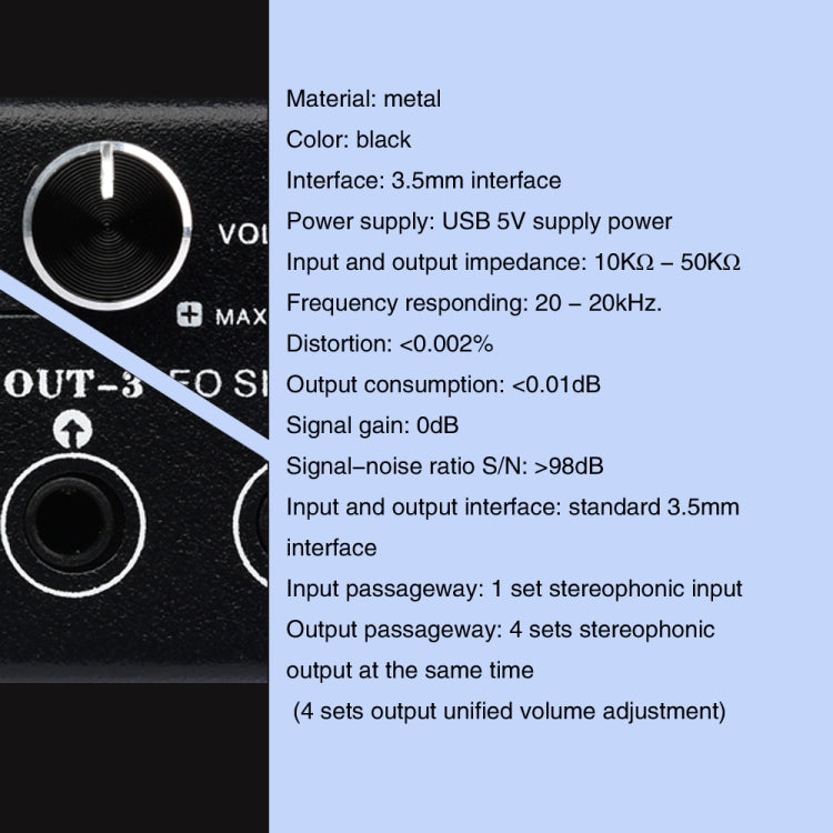 Distributeur de signal audio 1 entrée 4 sorties, sans consommation, sortie interface 3,5 mm, 1 entrée 4 sorties interface 3,5 mm