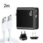 Adaptateur de charge pour ordinateur portable PD-65W USB-C / Type-C + QC3.0 USB + ensemble de câbles de données USB-C / Type-C vers USB-C / Type-C de 2m, prise UE / prise US, câble USB-C / Type-C, prise UE / prise US